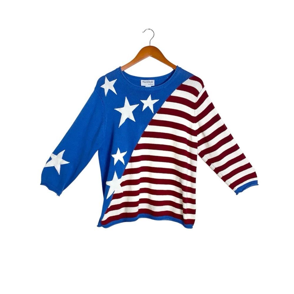 VTG Stars & Stripes Blue Colorblock 3/4 Sleeve Crewneck Pullover Sweater